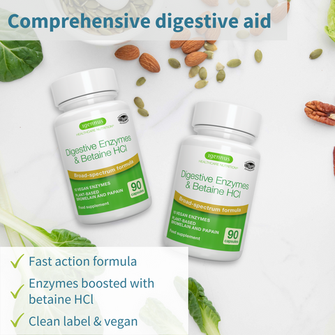Digestive Enzymes & Betaine HCl, Broad Spectrum Enzymes with Protease, Lipase & Lactase, Plant-Based Papain & Bromelain, 90 Capsules