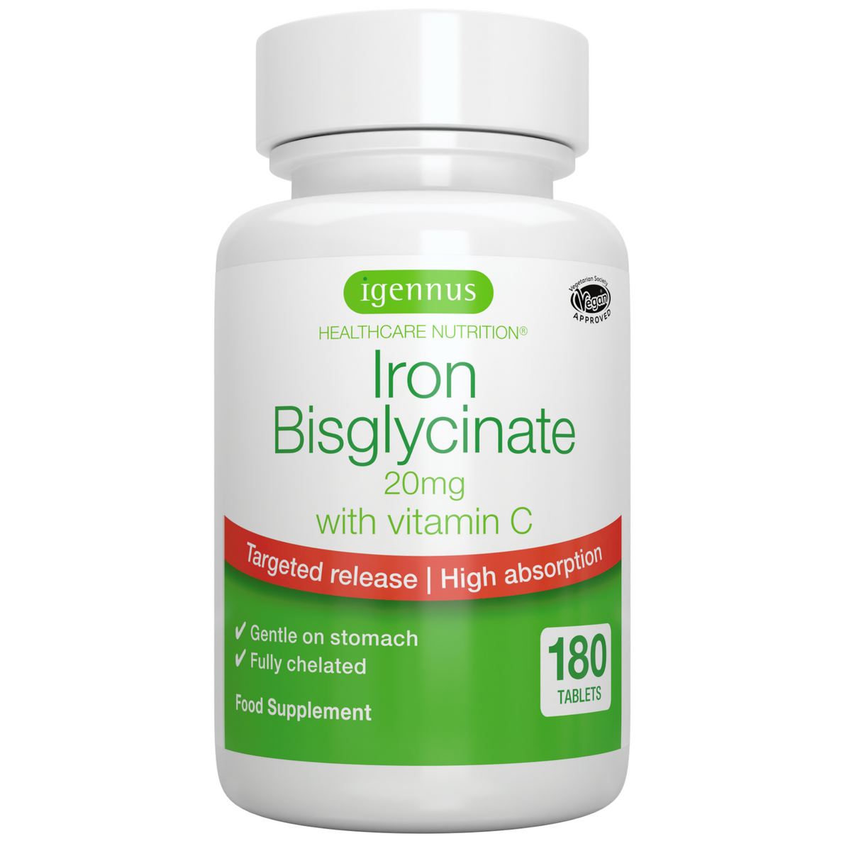Iron Bisglycinate 20mg with Vitamin C, High Absorption & Gentle Iron, Igennus Healthcare Nutrition