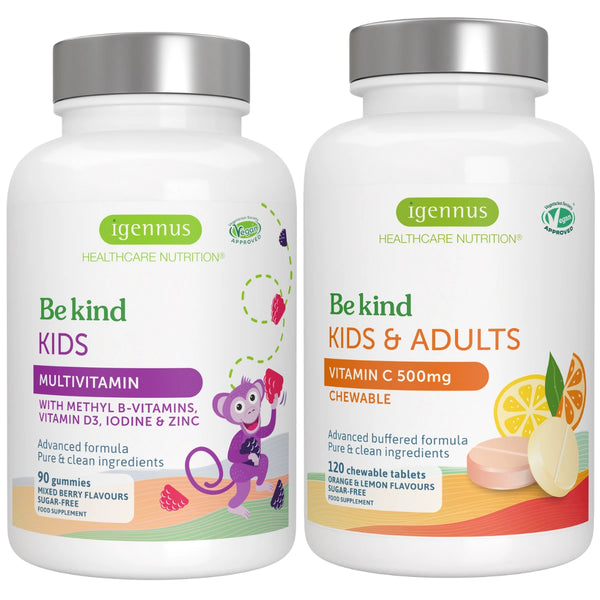 Two bottles of Igennus vitamins for kids and adults on a white background