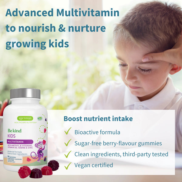 Multivitamin bottle for kids with a child looking sad, outdoor setting