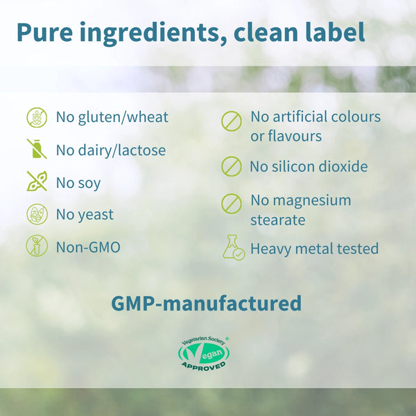 List of product ingredients with icons and text on a blurred natural background