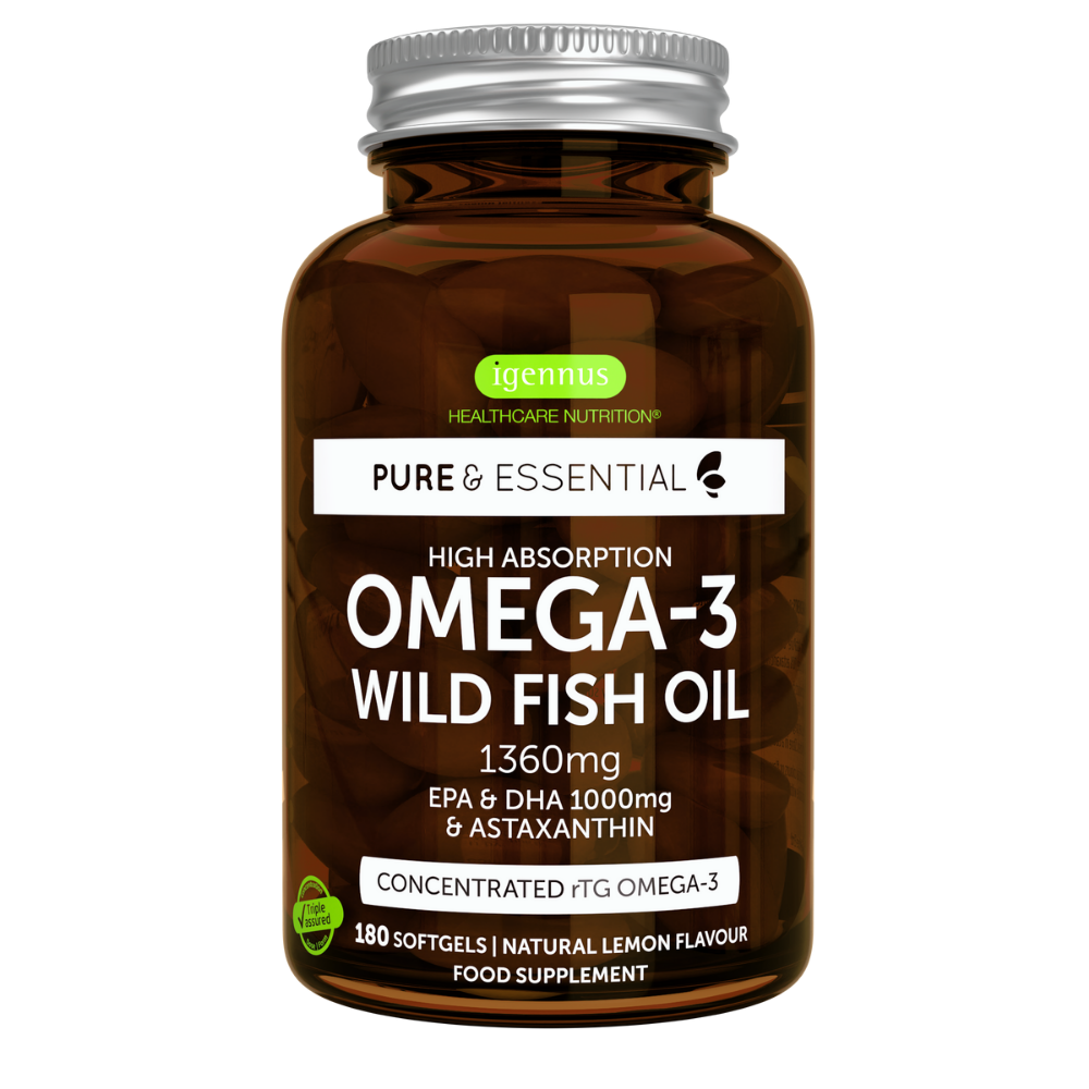 Pure & Essential Omega-3 Wild Fish Oil & Astaxanthin 1mg, 1000mg EPA & DHA, Lemon Flavour, 90 Servings, 180 Softgels