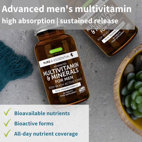 Methylated Multivitamin & Minerals For Men Enhanced with Lycopene, Vitamin D, B6 & B12, Slow Release, Pure & Essential, 60 Tablets