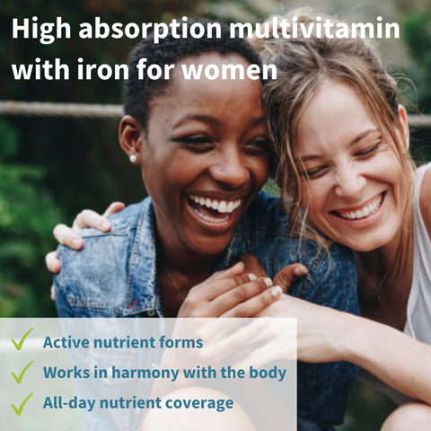 Methylated Multivitamin & Minerals with Iron for Women, Sustained Release, with Folate, Vitamins D3 1000iu & Zinc, Pure & Essential