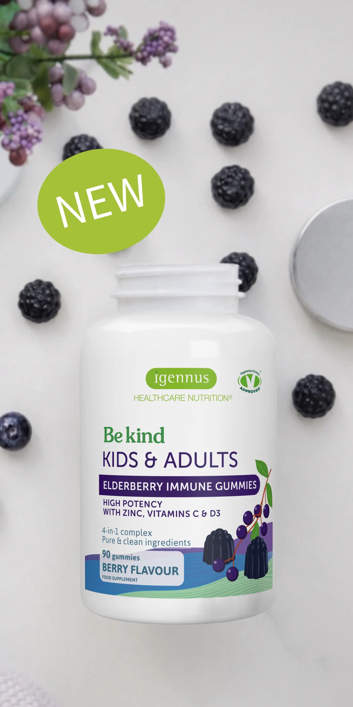 Vitamin supplement bottle with blackberries and a 'NEW' label on a white background