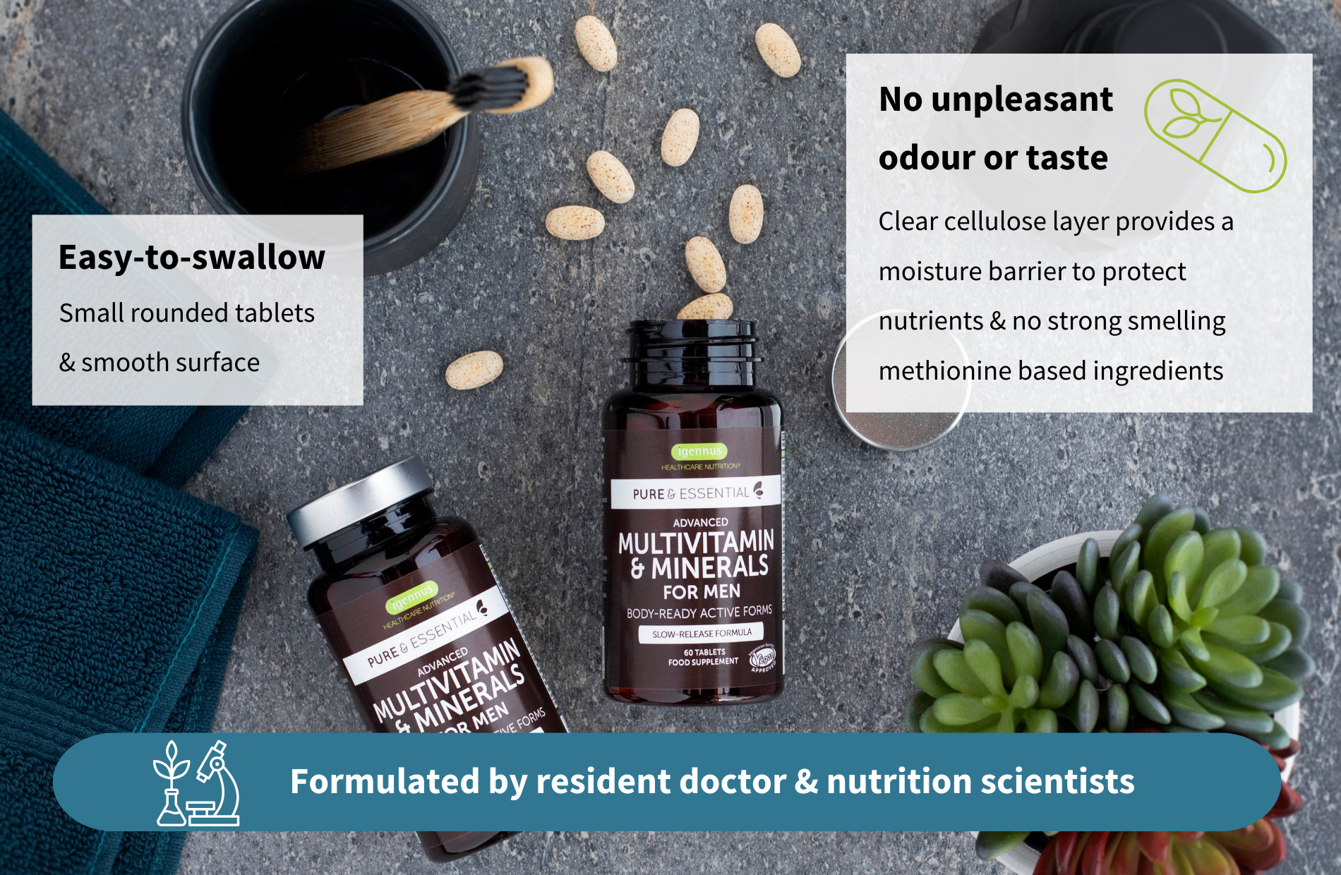 Multivitamin bottles for men on a gray surface with text about product features.