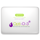 Packaging of Opti-O-3 Blood Spot Fatty Acid Profile Test by igennus, a healthcare nutrition company.