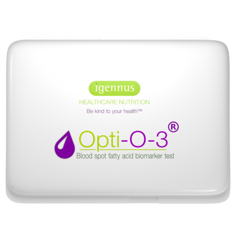 Packaging of Opti-O-3 Blood Spot Fatty Acid Profile Test by igennus, a healthcare nutrition company.