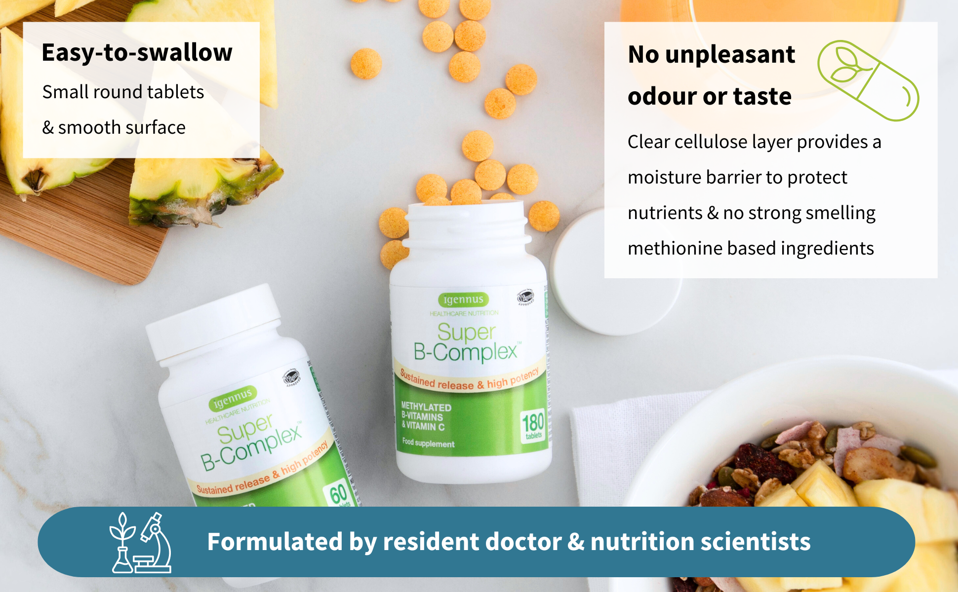 Super B-Complex supplement bottles with ingredients and benefits displayed on a white background