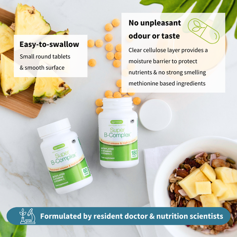 Super B-Complex supplement bottles with nutritional information and ingredients on a light background.