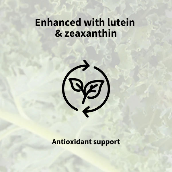 Text 'Enhanced with lutein & zeaxanthin' with a leaf and arrow symbol on a textured background.