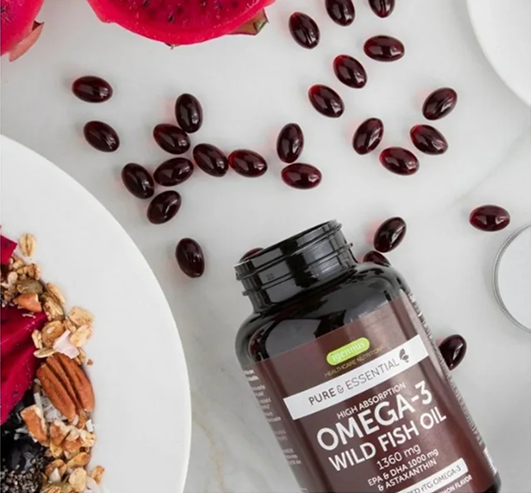 Omega-3 wild fish oil supplement bottle with ingredients on a white background