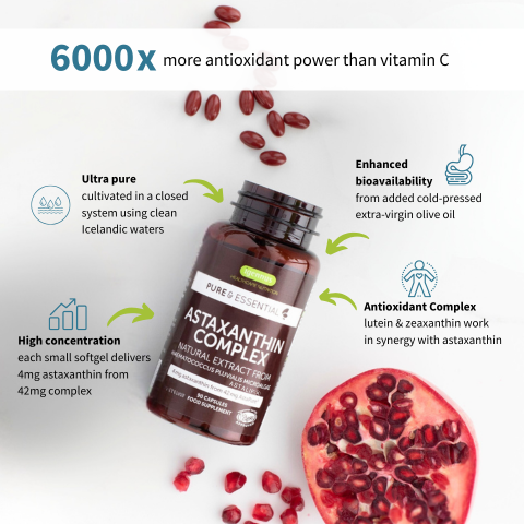 Bottle of astaxanthin complex with pomegranate and astaxanthin-rich ingredients on a white background