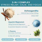 Product advertisement for a 3-in-1 complex with Ashwagandha, Aquamin Magnesium, and L-Theanine on a light blue background.