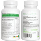 Two white supplement bottles with labels showing directions for use and nutritional information.