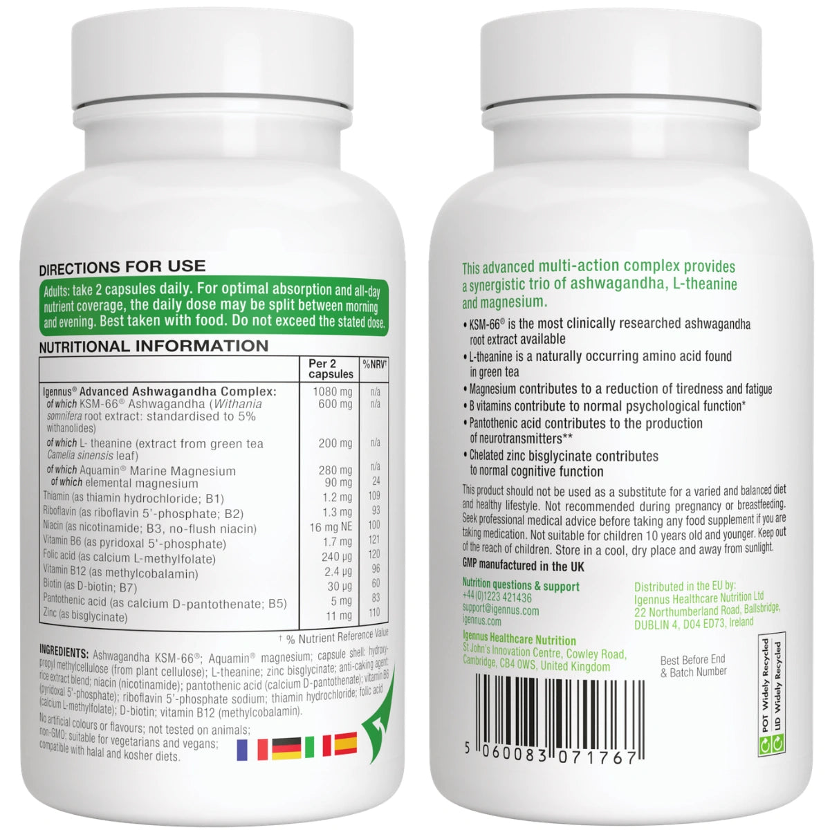 Two white supplement bottles with labels showing directions for use and nutritional information.