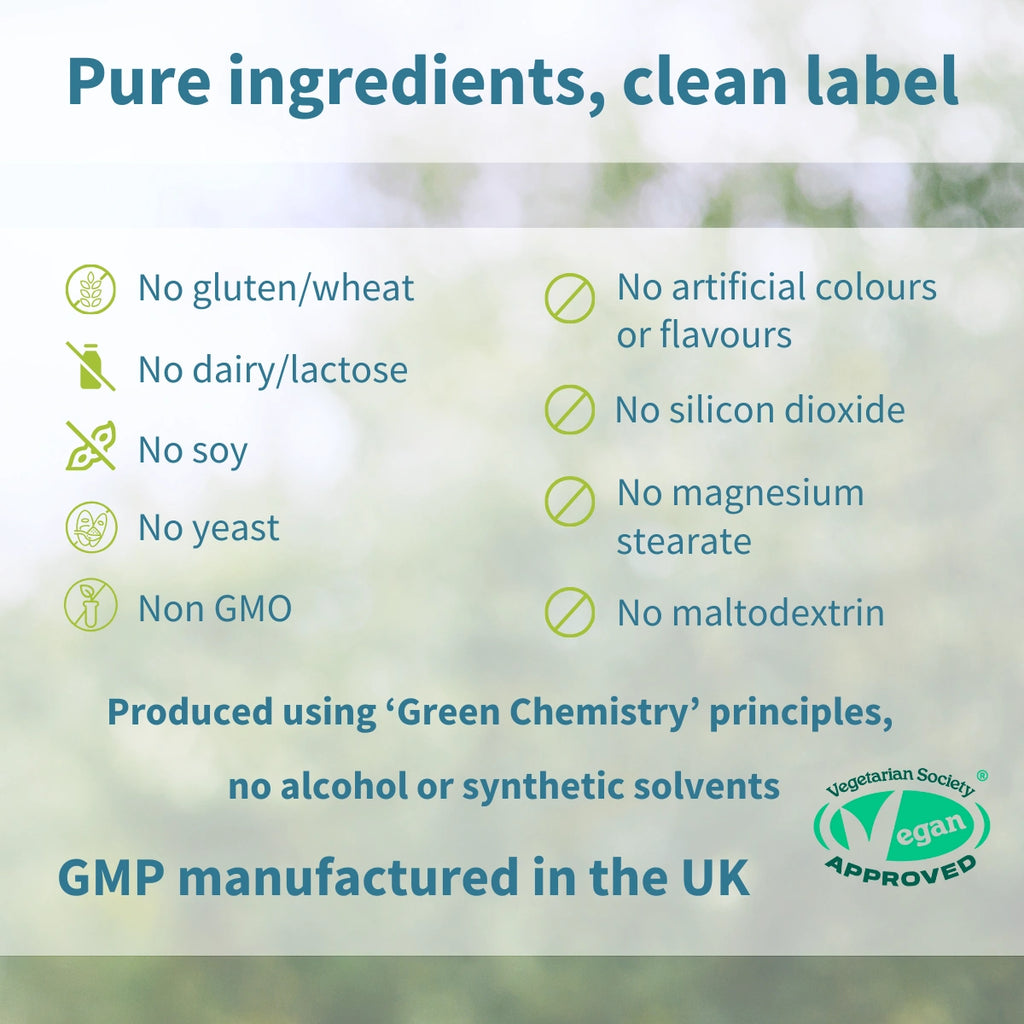 List of pure ingredients and certification logos on a green background