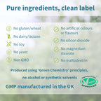 List of pure ingredients and certification logos on a green background