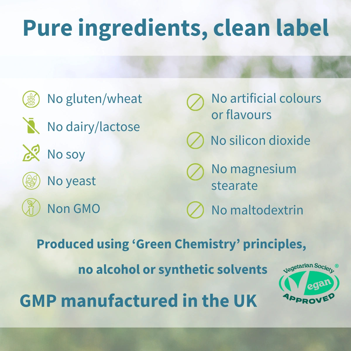 List of pure ingredients and certification logos on a green background