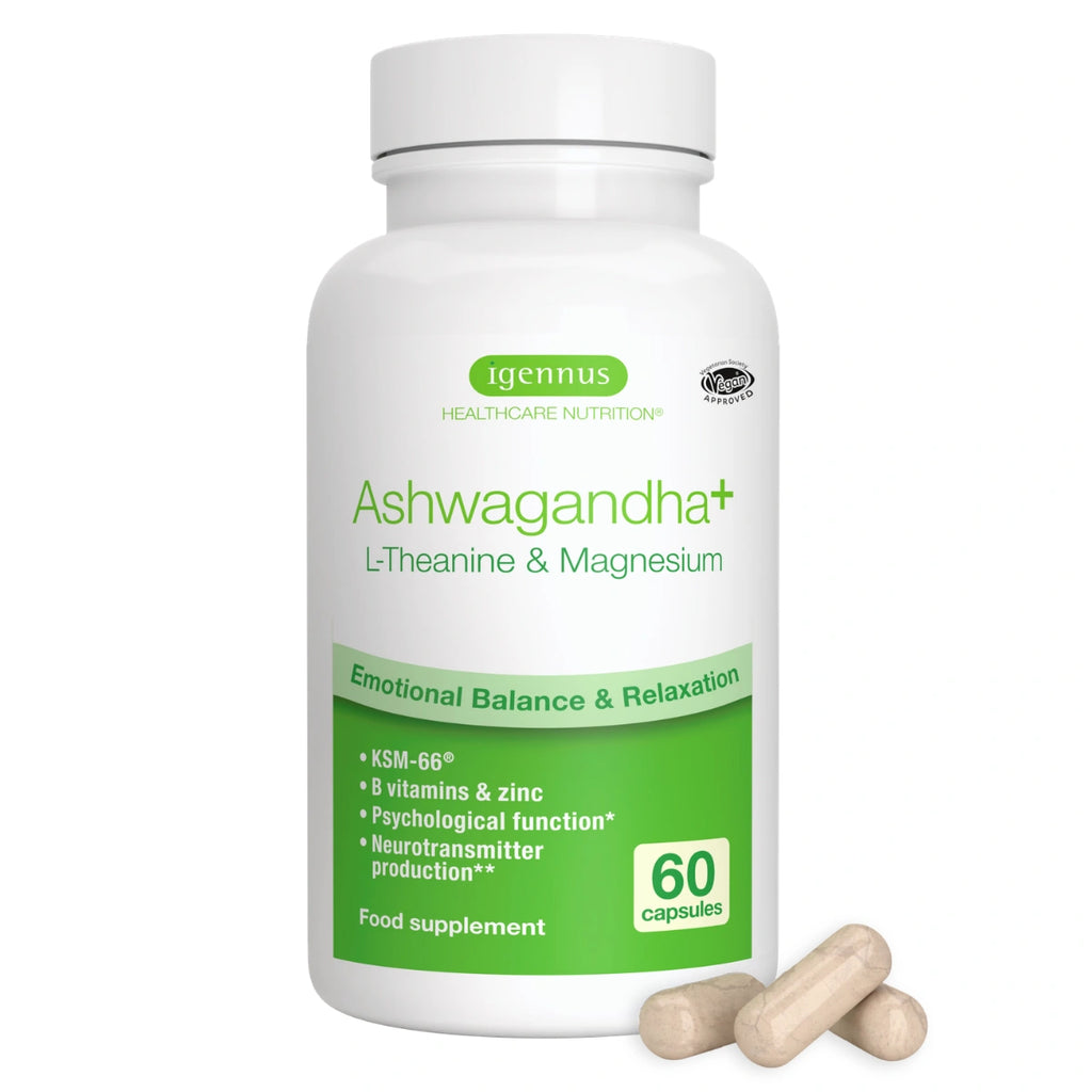 Supplement bottle labeled 'Ashwagandha+' with capsules on a white background