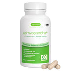 Supplement bottle labeled 'Ashwagandha+' with capsules on a white background
