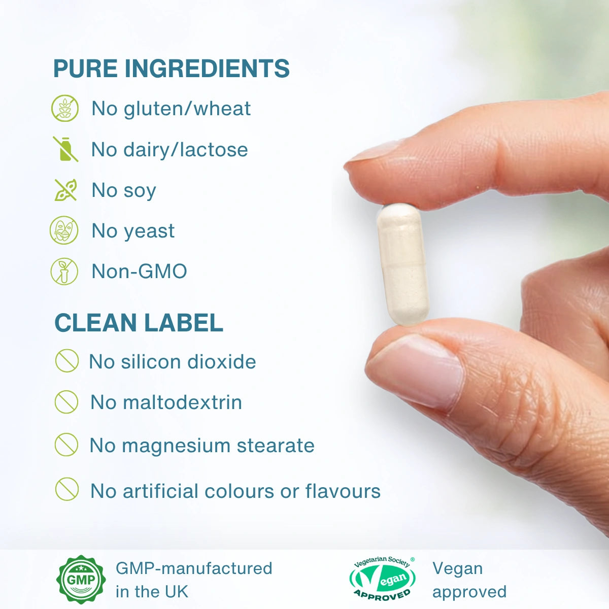 Hand holding a pill with purity and approval information on a white background