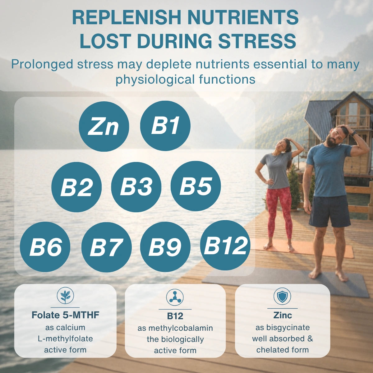 Two people exercising on a dock with a list of nutrients and their forms displayed.
