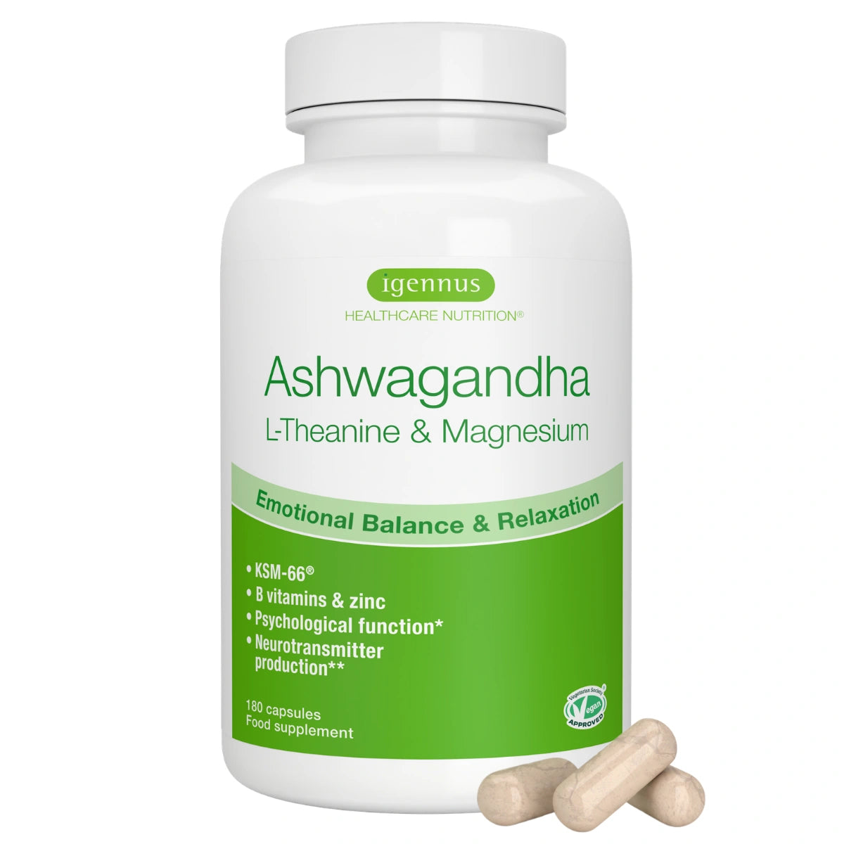 Ashwagandha+ L-Theanine & Magnesium, Adaptogen Complex with KSM-66, Zinc & B Vitamins, Vegan, 60 Capsules