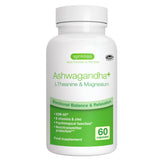 Supplement bottle labeled 'Ashwagandha + L-Theanine & Magnesium' by igennus on a white background