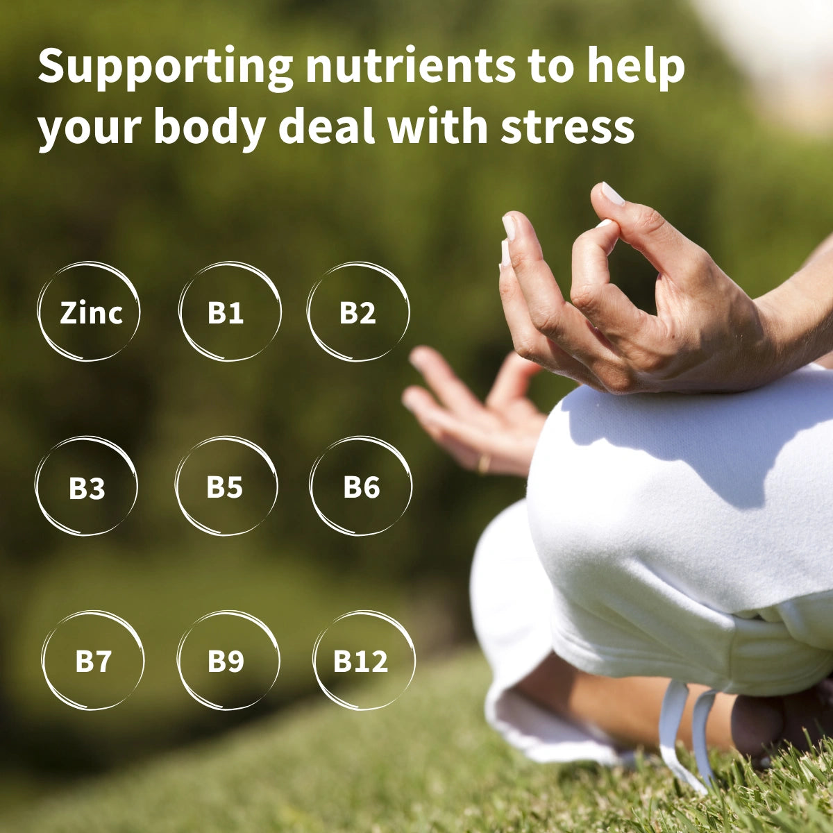 Person meditating with nutrients for stress support displayed on a blurred natural background