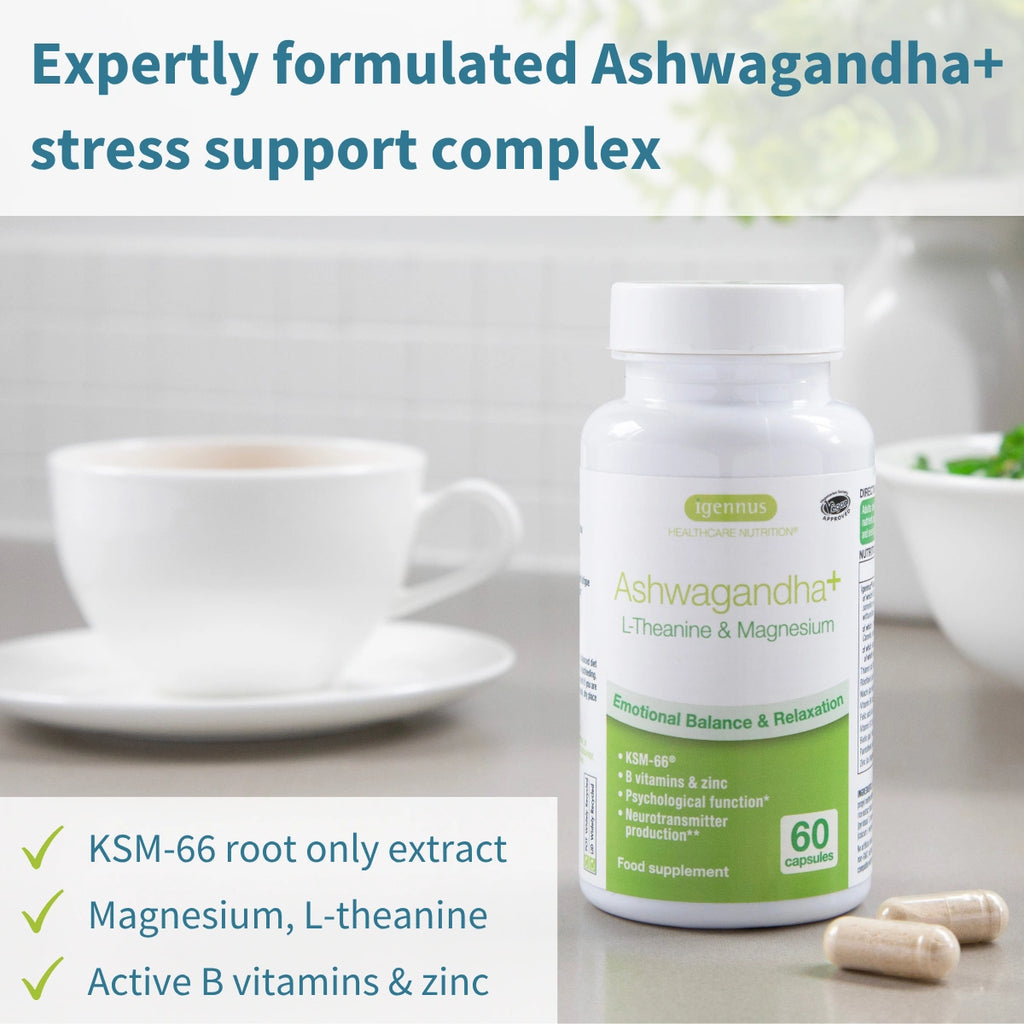Vitamins bottle labeled 'Ashwagandha+' with tea and capsules on a table