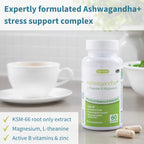 Vitamins bottle labeled 'Ashwagandha+' with tea and capsules on a table