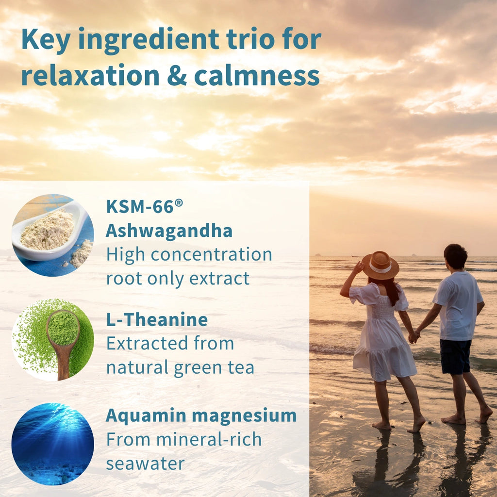Couple walking on a beach at sunset with key ingredient trio for relaxation and calmness displayed on the left.