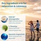 Couple walking on a beach at sunset with key ingredient trio for relaxation and calmness displayed on the left.