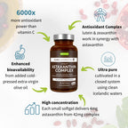 Bottle of Astaxanthin Complex supplement with text highlighting its benefits on a white background.
