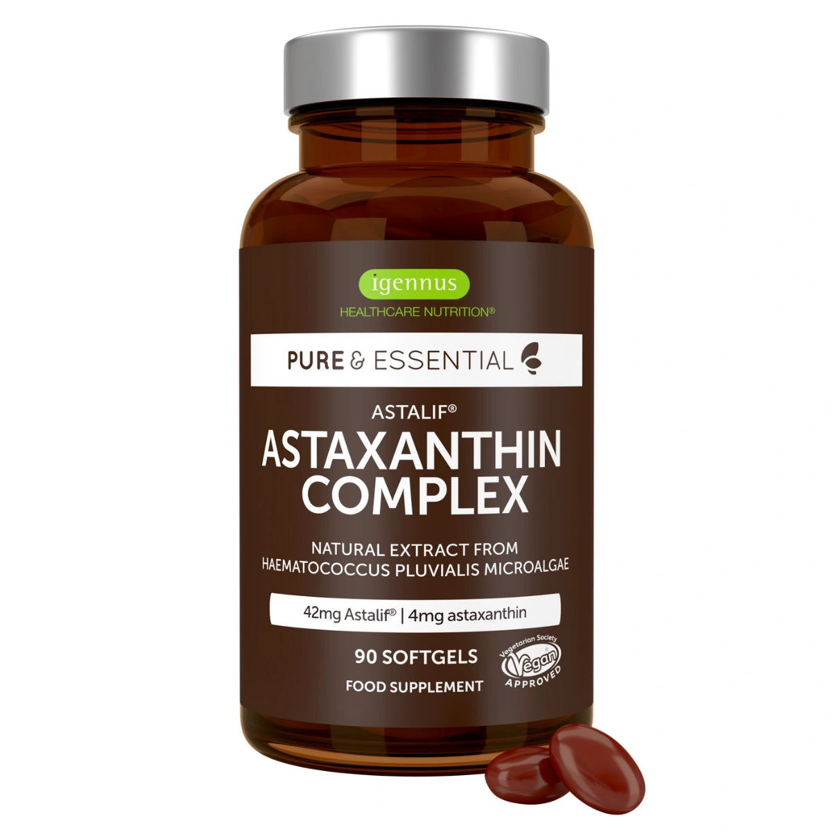 Bottle of Astaxanthin Complex supplement with a white background