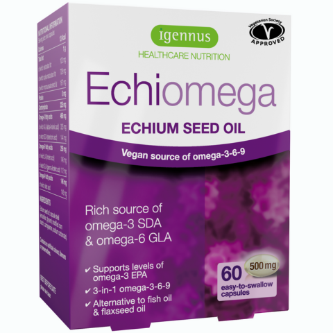 Echiomega Echium Seed Oil 500mg, Vegan Omega-3-6-9, 60 Softgels