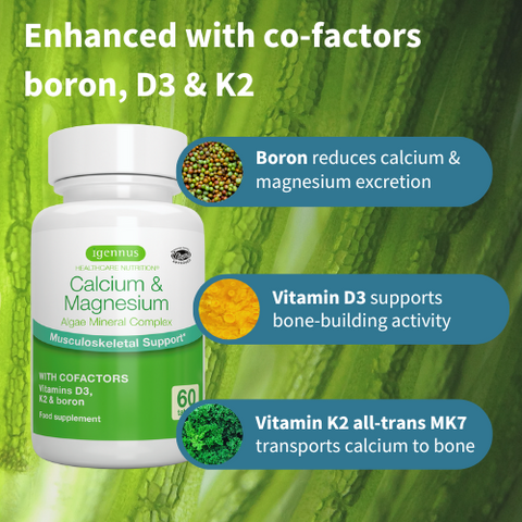 Calcium & Magnesium, High Absorption Algae Mineral Complex, Vitamin D3, K2 & Boron, Vegan, 60 Tablets