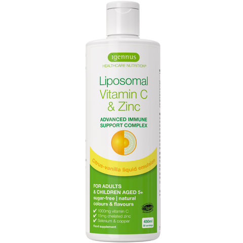 Liposomal Vitamin C 1000mg & Zinc, Liquid Immune Support Complex, with Copper & Selenium, Citrus-Vanilla Flavour, for Adults & Children