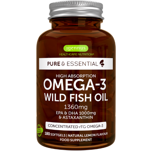 High Absorption Omega-3 Wild Fish Oil, 1000mg EPA & DHA rTG Triglyceride and Astaxanthin, Lemon Flavour, 180 Softgels