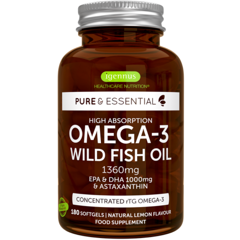 High Absorption Omega-3 Wild Fish Oil, 1000mg EPA & DHA rTG Triglyceride and Astaxanthin, Lemon Flavour, 180 Softgels