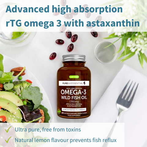 High Absorption Omega-3 Wild Fish Oil, 1000mg EPA & DHA rTG Triglyceride and Astaxanthin, Lemon Flavour, 180 Softgels