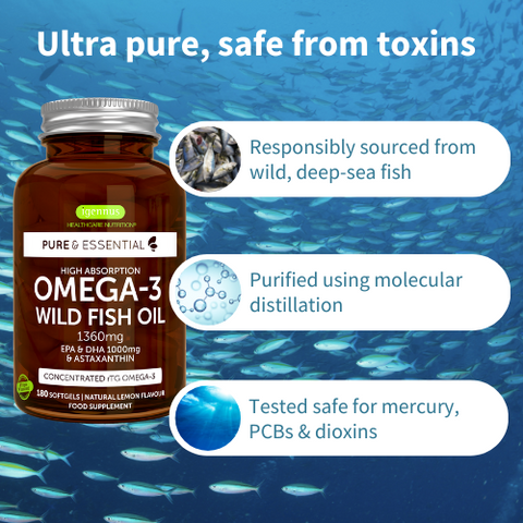 High Absorption Omega-3 Wild Fish Oil, 1000mg EPA & DHA rTG Triglyceride and Astaxanthin, Lemon Flavour, 180 Softgels