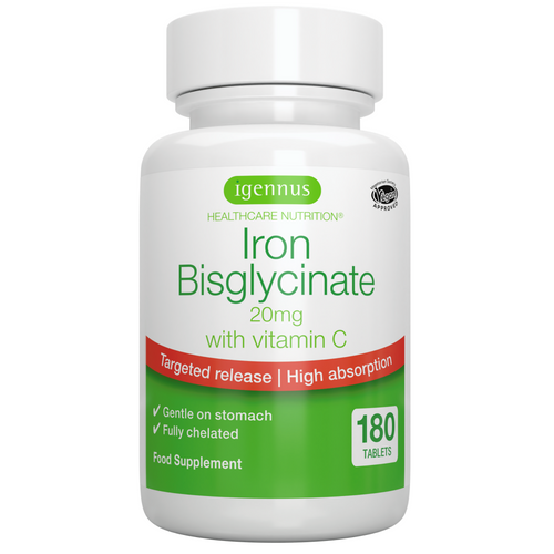 Iron Bisglycinate 20mg with Vitamin C, High Absorption & Gentle Iron, Targeted Release, One-a-day, Vegan, 180 Tablets