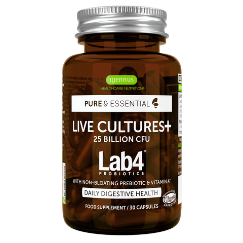 Live Cultures+ Lab4 Probiotics & Non-Bloating Prebiotic, Lactobacillus & Bifidobacterium, 30 Capsules