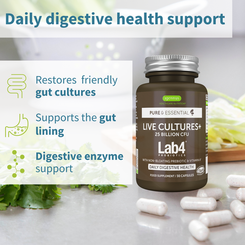 Live Cultures+ Lab4 Probiotics & Non-bloating Prebiotic, Lactobacillus & Bifidobacterium, 30 Capsules