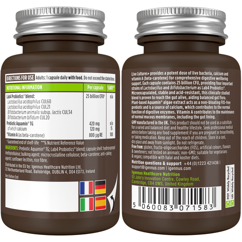 Live Cultures+ Lab4 Probiotics & Non-bloating Prebiotic, Lactobacillus & Bifidobacterium, 30 Capsules