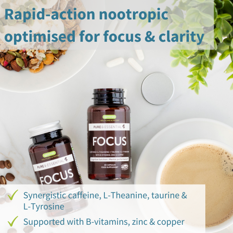 Focus - with Caffeine, Brain Boosting Amino Acids, B-vitamins, Zinc & Copper - 60 Capsules
