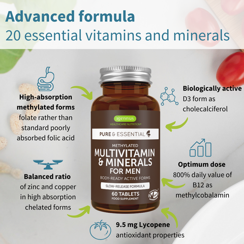 Methylated Multivitamin & Minerals for Men Enhanced with Lycopene, Vitamin D, B6 & B12, Slow Release, 60-180 Tablets