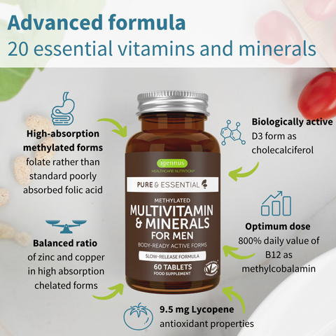 Methylated Multivitamin & Minerals for Men Enhanced with Lycopene, Vitamin D, B6 & B12, Slow Release, 60-180 Tablets
